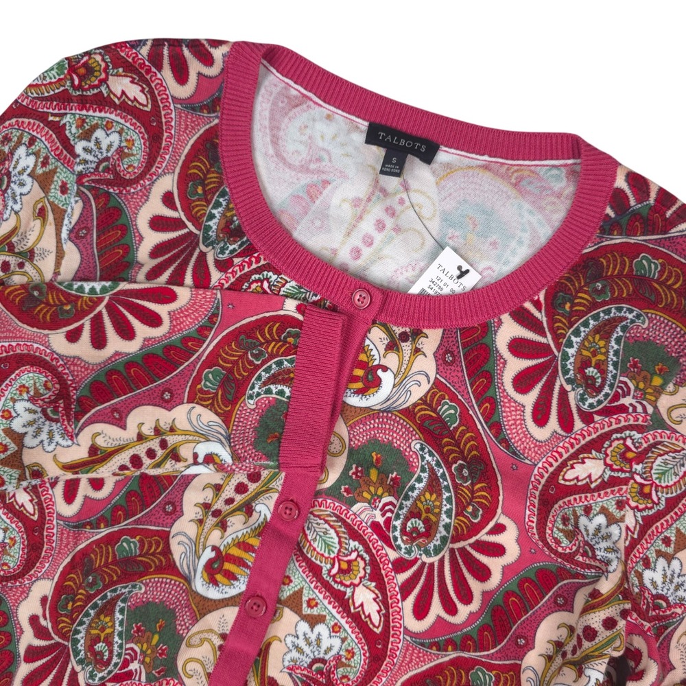 Talbots Cardigan Sweater Womens S‎ Pink Multi Paisley Button Front Rosewood